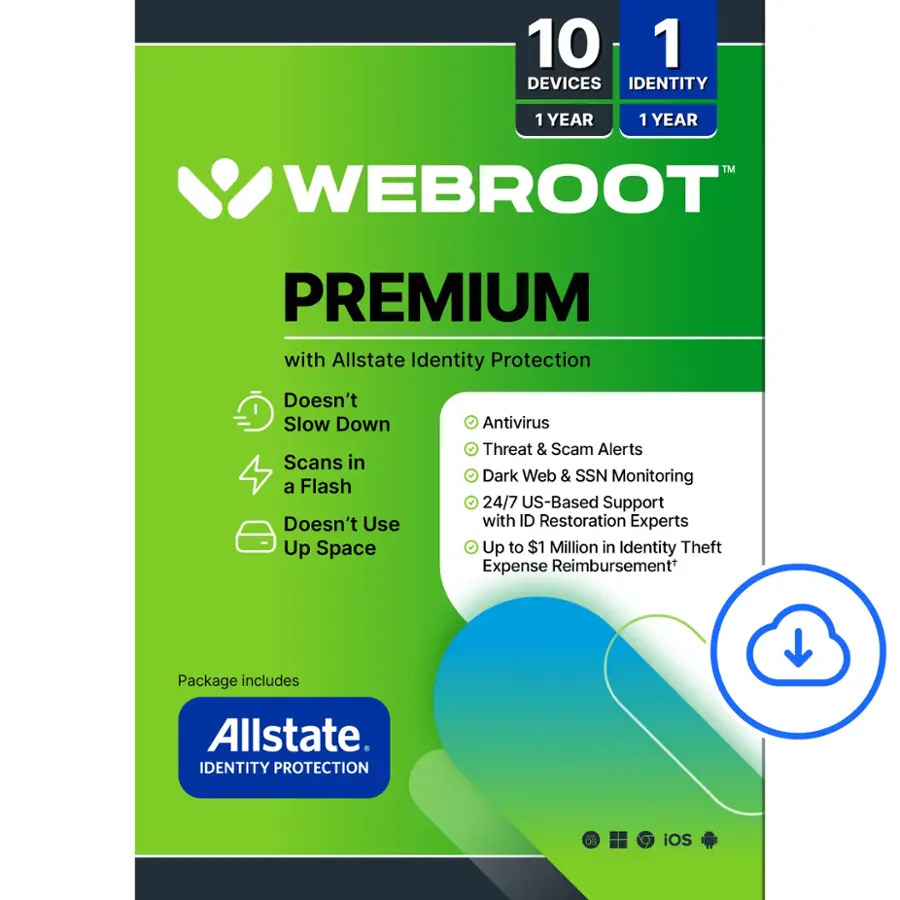 Webroot - Premium Antivirus Protection (10 Device) with Allstate Identity Protection